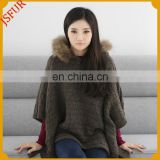 2015 stylish loose design ladies knitted cape with real raccoon fur hood