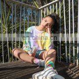 Custom Logo Long Sleeve Crew Neck Tie Dye Blue and Pink Crop Top for Women thumbnail-2