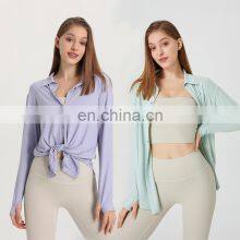 Custom Logo Ins Hot Sale Casual Street Wear Button Up Cardigan T-shirt Fitness Workout Walking Yoga Gym Blouse Top For Women