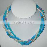 3 Rows 6-10mm Natural Turquoise & Pearls Necklace thumbnail-1