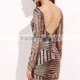 Fashion Luxury Mini Dress Contrast Mesh Long Sleeve Bodycon Dress Open Back Gold Beaded Sequins Club Dresses thumbnail-1