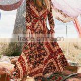 Bohemian Front Button Down Vintage Long Sleeve One Piece Maxi Dress HSd5170 thumbnail-3