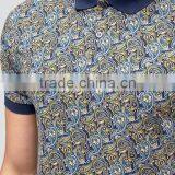 Cheapest Custom Short Sleeve Button Placket Paisley Printed Design Navy Men's 100% Cotton Jersey 200g Casual Polo Shirt thumbnail-3