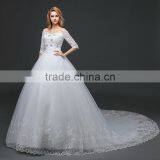 MGOO Elegant Old Castle Long Tail Wedding Dress Lao White Embroidery Off Shoulder 3/4 Long Sleeves Dress thumbnail-3