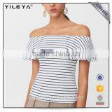 New Arrivals Fashion Striped Ruffled Trim Accordion Pleated Mature Ladies Blouse thumbnail-1