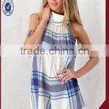2015 Blue Cheque Playsuit Jumpsuit Shorts Adult Short Jumpsuit thumbnail-1