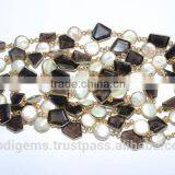 Smoky Quartz Fresh Water Pearl Fancy Bezel Setting Chain
