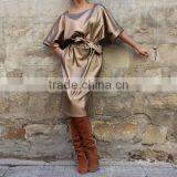 2017 Gold Metallic Fabric Evening Cocktail Dress For Fat Women Plus Size Leather Dress HSD5978 thumbnail-2