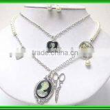 Double Layer Cameo Pendant and Scissors and Pearl Ring Dangle Necklace Earring Set