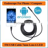 Waterproof USB Endoscope for mobile phone and compute PC laptop 5M Cable Length 6LED Tube Snake Camera 7mm Lens Camera