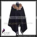 CX-B-P-43K Lady Fashion Raccoon Fur Trim Cashmere Poncho/ New Design Pashmina Shawl thumbnail-6