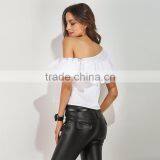 New Style White Lotus Leaf off Shoulder Ladies Crop Top Latest Blouse Designs for Back thumbnail-2