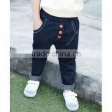 China factory cheap price baby jeans Korean style elastic waistband model blue pure color with 3 button decoration kids pants
