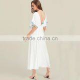 Designer Tassel Trim Boho Dress, Women White Deep V-neck Maxi Dress thumbnail-2