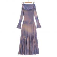 Early Spring New Design: European-American Contrasting Color Print Frill-Edge One-Sided Shoulder Flared Long-Sleeved Fish-Tail Dress thumbnail-2