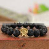BRS1503-2 Gold Stainless Steel Lion Head Mens Bracelets Natural Lava Gemstone Strench Bracelet thumbnail-1