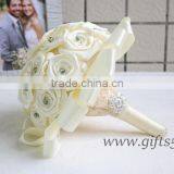 White Handmade Satin Rose Wedding Bouquet With Crystal thumbnail-1