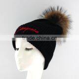 Myfur Letter Embroidery Winter Knitted Beanie Hat Black Unisex Pom Pom Hat thumbnail-4