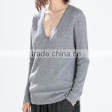 2017 Fall women gray deep v-neck cashmere jumper