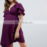 Fashion Comfortable Maternity Mini Wrap Dress With Ruffle Sleeve thumbnail-1