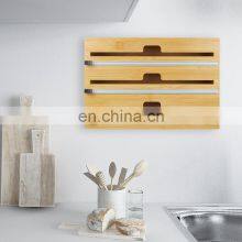 3 in 1 Bamboo Wall Mount Dispenser Wood Wrap Dispenser Kitchen Storage Drawers Organizer for Foil and Plastic Wrap With Cutter thumbnail-5