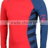 92% Polyester 8% Spandex (Lycra) Crew Neck Long Red Blue Compression Shirt / Rash Guard With Sublimated Side Panels