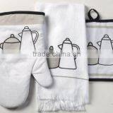 cotton twill material set coffee or cook chef design oven mitten pot holder kitchen basics set