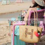 Long Handle, Tote Straw Beach Bag, Pompom Beach Bag thumbnail-3