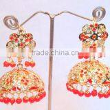 JADAU GOLD PLATED Dangler ORANGE BEADS JHUMKA TEMPLE EARRINGS Real Look thumbnail-1