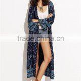 Custom Print Own Design Wholsale Bulk Women Fashion Beachwear Longline Navy Paisley Print Chiffon Kimono thumbnail-3