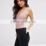 High Quality Women Plain Low Back Sexy Bodysuit V Neckline Basic Style Fitness Bodysuit thumbnail-2