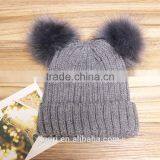 High Quality Cashmere Knitted Hat With Double Fur Poms KR-H010 thumbnail-2