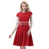 Belle Poque Retro Vintage Solid Color Cap Sleeve Crew Neck Red Casual 50s Vintage Rockabilly Dresses BP000361-2