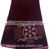 2015 Wine red color african velvet lace fabric with stones