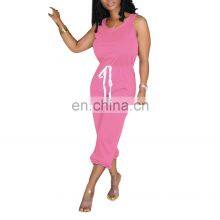Wholesale Customized Women's Jumpsuit Western Style Sexy Summer Sleeveless Vest Round Neck Solid Color Sports Jumpsuit thumbnail-3