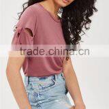 MGOO Hot Selling Casual Plain Round Neck T-shirt Women Cotton Hollow Sleeve T Shirts With Bowknot thumbnail-3