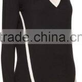 High Quality Long Sleeve Rib Knit V-Necked Black and White Contrast Women Pullover thumbnail-2