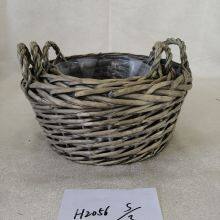 Grey Painted Willow Basket Of Different Shape With Ears And Clear Foil Inside