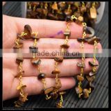 LFD-005C ~ Wholesale Gold Plated Wire Wrapped Freeform Tiger's Eye Chips Chain Gemstone Beaded Jewelry Finding