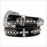 Metal & Rhinestone Stud With Stone Fleur De Lis Accent Leather Belt thumbnail-1