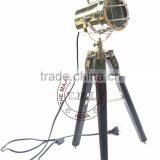 NAUTICAL SPOTLIGHT LAMP ON STAND - NICKEL PLATED SEARCHLIGHT ON WOODEN BLACK TRIPOD STAND thumbnail-1