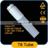 europe standard t8 led tube light ,glass+pc tube ,0.6m 8w 700lm,CRI >80,IC driver, 85v-265v ac,t8 led tube,CE ,ROHS,t8 tube