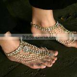 GOLD Tone Crystal Pearl PAYAL Anklets Toe Ring Barefoot Sandal thumbnail-2