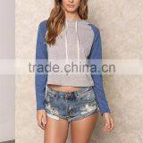 MGOO 2017 New Designs Navy Blue And Grey Raglan Sleeves Cropped Knit Hoodies Tops 180g 100% Cotton Jersey Plain thumbnail-2