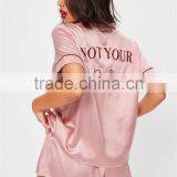 Custom Logo Pink Satin Short Pajama Set With Back Embroideried Button Top With Drawstrings Shorts thumbnail-2