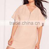Plus Size Faux Suede Zip Up Shift Dress Nude Short Sleeve Sexy Elegance Split Curved Hem Dress thumbnail-2