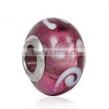 Lampwork Glass European Style Large Hole Beads Round Mauve Transparent White Spiral With 304 Stainless Steel Silver Tone Core thumbnail-1