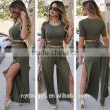 Green Belt Printed Bell Bottomed Trousers Pants / Yujn Split Flare Pants and Top Set