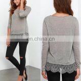Wholesale 2016 New Fashion Lace Blouse Designs Lady Long Sleeve Sexy Floral Print Grey Blouse thumbnail-1