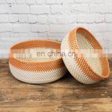 Rattan Storage Basket Tray in Blue & Orange Boho Home Decor thumbnail-2